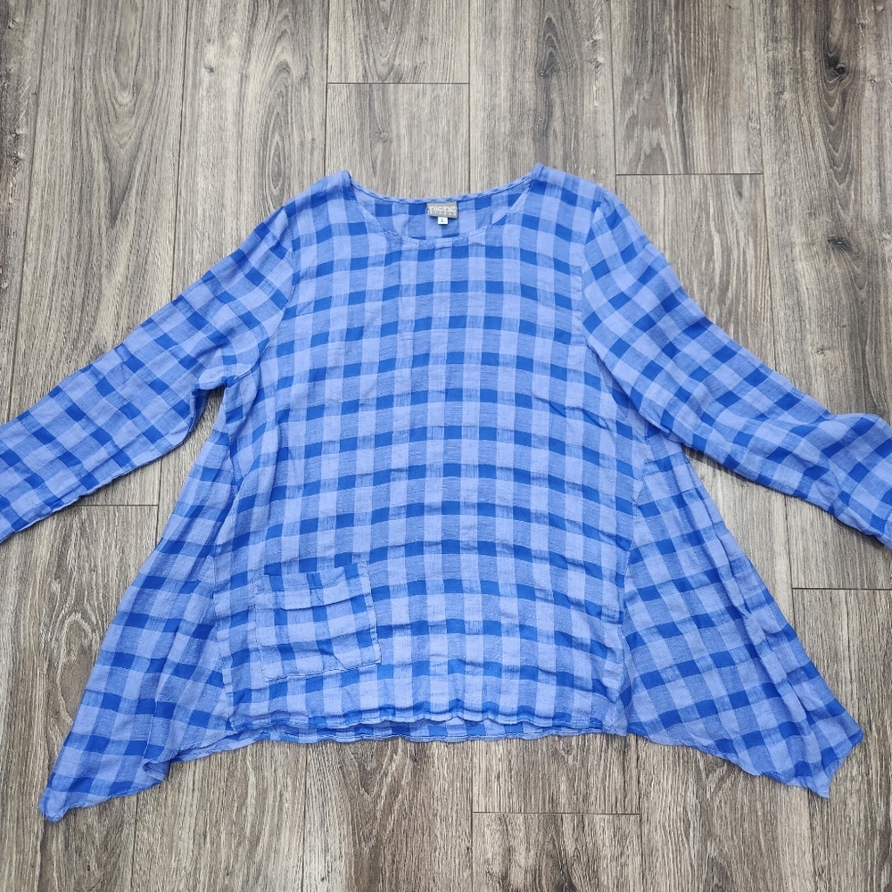 Niche Nilgun Derman Blue Gingham Check Oversized Lagenlook Top Size Large